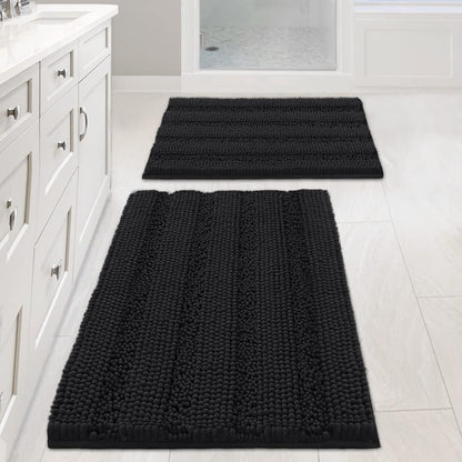 Sage Bathroom Rugs, Bath Mat Set of 2 Extra Thick Chenille Striped Pattern Shaggy Bath Rugs for Bath Room, Non Skid Bath Mats for Bathroom Floor (32 x 20 Plus 24 x 17 - Inches) - Colors B