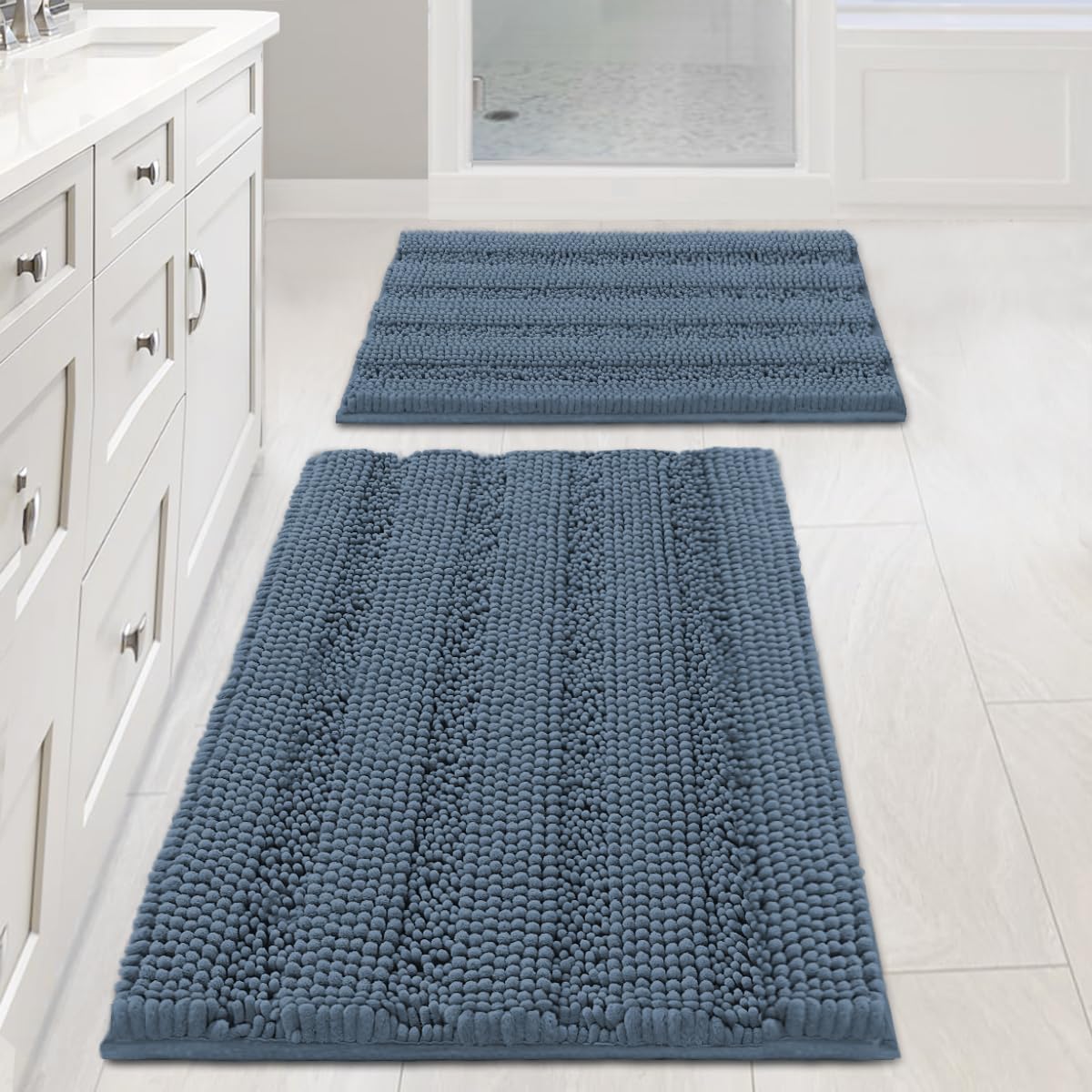 Sage Bathroom Rugs, Bath Mat Set of 2 Extra Thick Chenille Striped Pattern Shaggy Bath Rugs for Bath Room, Non Skid Bath Mats for Bathroom Floor (32 x 20 Plus 24 x 17 - Inches) - Colors B