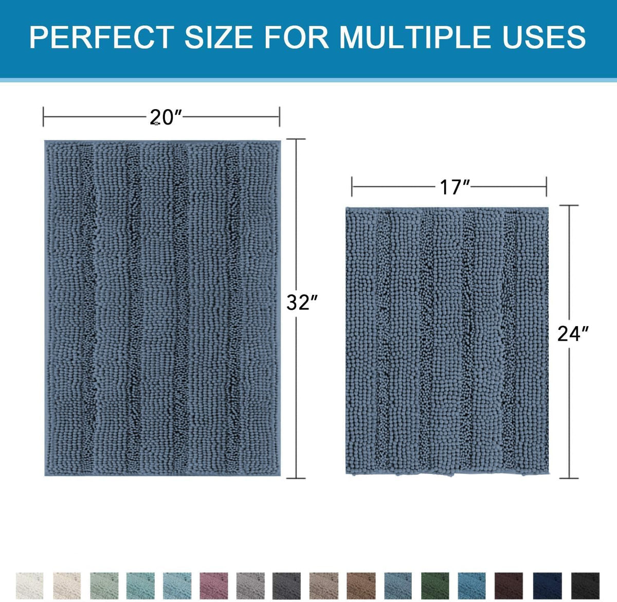 Sage Bathroom Rugs, Bath Mat Set of 2 Extra Thick Chenille Striped Pattern Shaggy Bath Rugs for Bath Room, Non Skid Bath Mats for Bathroom Floor (32 x 20 Plus 24 x 17 - Inches) - Colors B