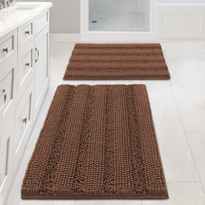 Sage Bathroom Rugs, Bath Mat Set of 2 Extra Thick Chenille Striped Pattern Shaggy Bath Rugs for Bath Room, Non Skid Bath Mats for Bathroom Floor (32 x 20 Plus 24 x 17 - Inches) - Colors B