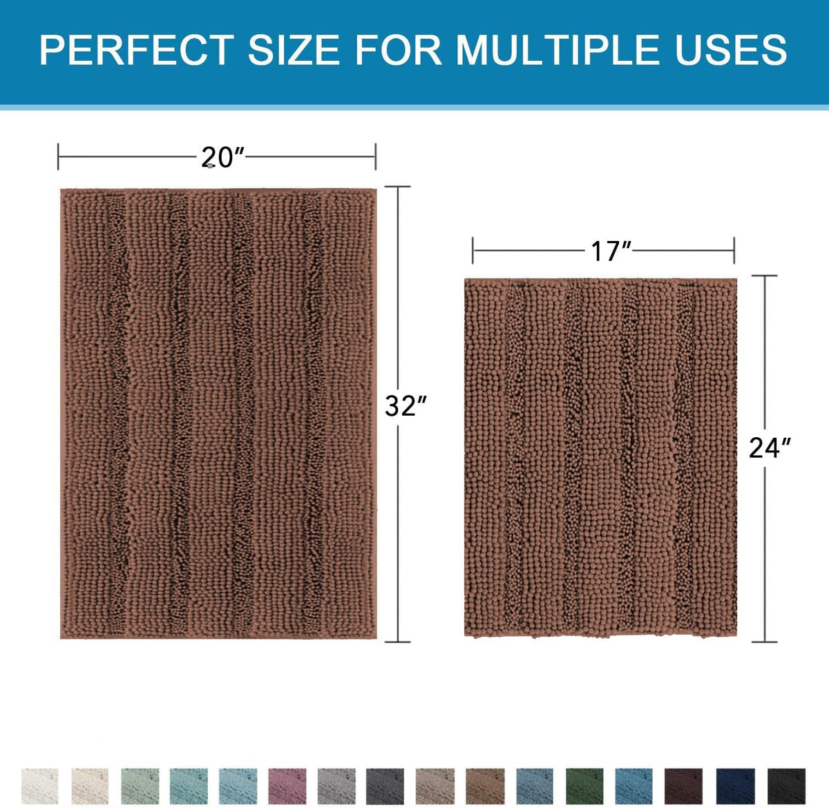 Sage Bathroom Rugs, Bath Mat Set of 2 Extra Thick Chenille Striped Pattern Shaggy Bath Rugs for Bath Room, Non Skid Bath Mats for Bathroom Floor (32 x 20 Plus 24 x 17 - Inches) - Colors B