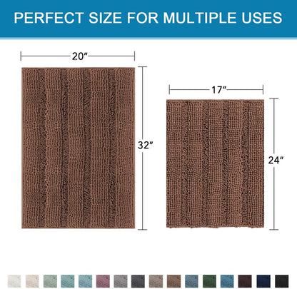 Sage Bathroom Rugs, Bath Mat Set of 2 Extra Thick Chenille Striped Pattern Shaggy Bath Rugs for Bath Room, Non Skid Bath Mats for Bathroom Floor (32 x 20 Plus 24 x 17 - Inches) - Colors B