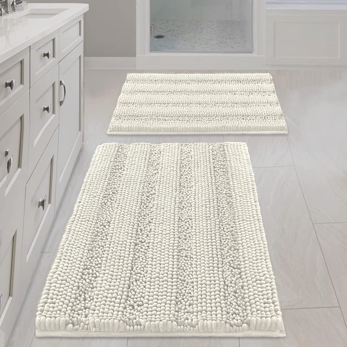 Sage Bathroom Rugs, Bath Mat Set of 2 Extra Thick Chenille Striped Pattern Shaggy Bath Rugs for Bath Room, Non Skid Bath Mats for Bathroom Floor (32 x 20 Plus 24 x 17 - Inches) - Colors B