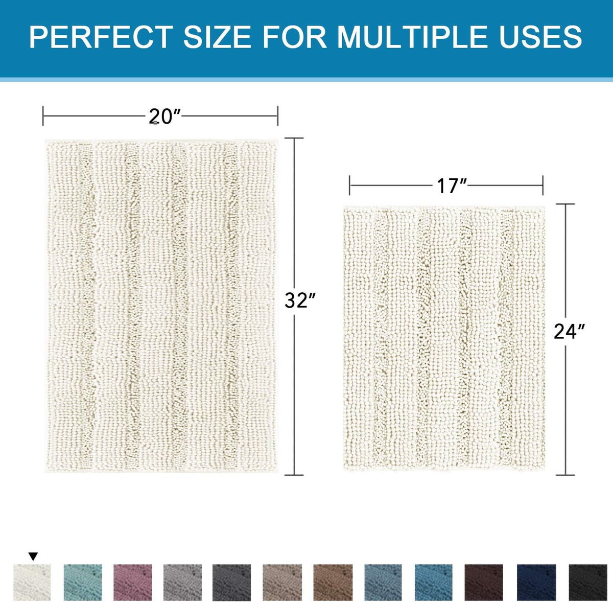 Sage Bathroom Rugs, Bath Mat Set of 2 Extra Thick Chenille Striped Pattern Shaggy Bath Rugs for Bath Room, Non Skid Bath Mats for Bathroom Floor (32 x 20 Plus 24 x 17 - Inches) - Colors B