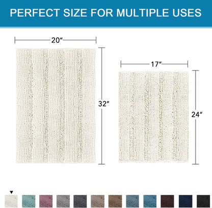 Sage Bathroom Rugs, Bath Mat Set of 2 Extra Thick Chenille Striped Pattern Shaggy Bath Rugs for Bath Room, Non Skid Bath Mats for Bathroom Floor (32 x 20 Plus 24 x 17 - Inches) - Colors B