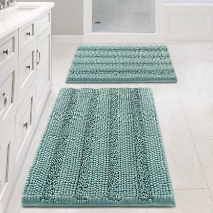Sage Bathroom Rugs, Bath Mat Set of 2 Extra Thick Chenille Striped Pattern Shaggy Bath Rugs for Bath Room, Non Skid Bath Mats for Bathroom Floor (32 x 20 Plus 24 x 17 - Inches) - Colors B