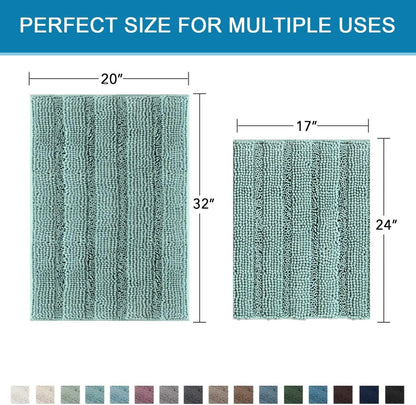 Sage Bathroom Rugs, Bath Mat Set of 2 Extra Thick Chenille Striped Pattern Shaggy Bath Rugs for Bath Room, Non Skid Bath Mats for Bathroom Floor (32 x 20 Plus 24 x 17 - Inches) - Colors B