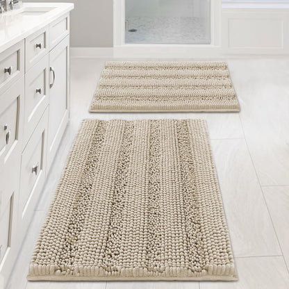 Sage Bathroom Rugs, Bath Mat Set of 2 Extra Thick Chenille Striped Pattern Shaggy Bath Rugs for Bath Room, Non Skid Bath Mats for Bathroom Floor (32 x 20 Plus 24 x 17 - Inches) - Colors B