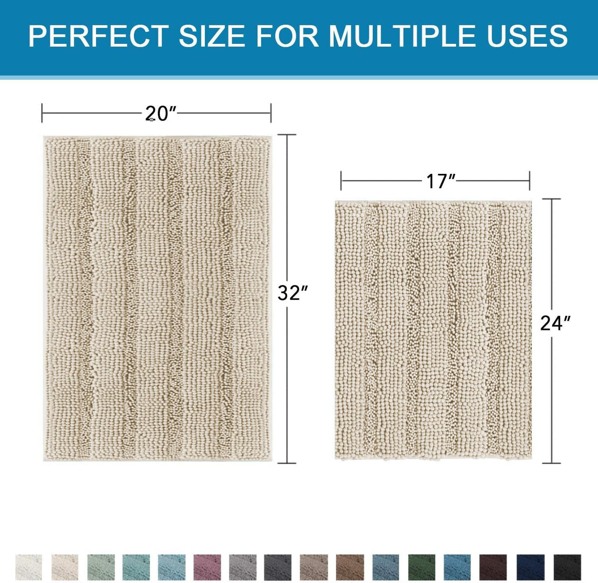 Sage Bathroom Rugs, Bath Mat Set of 2 Extra Thick Chenille Striped Pattern Shaggy Bath Rugs for Bath Room, Non Skid Bath Mats for Bathroom Floor (32 x 20 Plus 24 x 17 - Inches) - Colors B