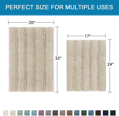 Sage Bathroom Rugs, Bath Mat Set of 2 Extra Thick Chenille Striped Pattern Shaggy Bath Rugs for Bath Room, Non Skid Bath Mats for Bathroom Floor (32 x 20 Plus 24 x 17 - Inches) - Colors B