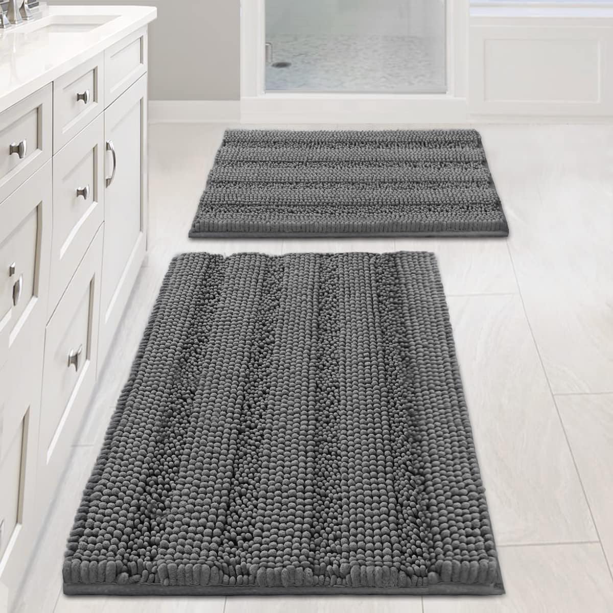 Sage Bathroom Rugs, Bath Mat Set of 2 Extra Thick Chenille Striped Pattern Shaggy Bath Rugs for Bath Room, Non Skid Bath Mats for Bathroom Floor (32 x 20 Plus 24 x 17 - Inches) - Colors B