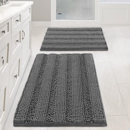 Sage Bathroom Rugs, Bath Mat Set of 2 Extra Thick Chenille Striped Pattern Shaggy Bath Rugs for Bath Room, Non Skid Bath Mats for Bathroom Floor (32 x 20 Plus 24 x 17 - Inches) - Colors B