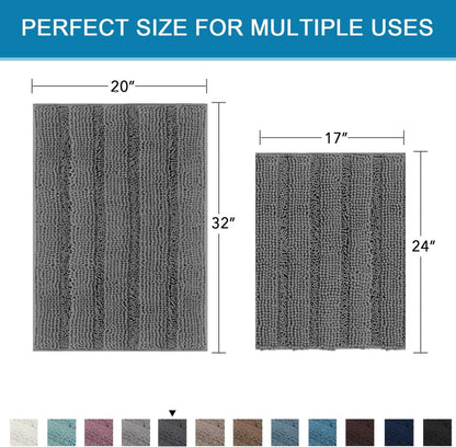 Sage Bathroom Rugs, Bath Mat Set of 2 Extra Thick Chenille Striped Pattern Shaggy Bath Rugs for Bath Room, Non Skid Bath Mats for Bathroom Floor (32 x 20 Plus 24 x 17 - Inches) - Colors B