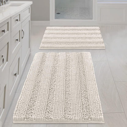 Sage Bathroom Rugs, Bath Mat Set of 2 Extra Thick Chenille Striped Pattern Shaggy Bath Rugs for Bath Room, Non Skid Bath Mats for Bathroom Floor (32 x 20 Plus 24 x 17 - Inches) - Colors B