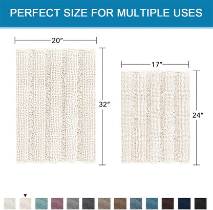 Sage Bathroom Rugs, Bath Mat Set of 2 Extra Thick Chenille Striped Pattern Shaggy Bath Rugs for Bath Room, Non Skid Bath Mats for Bathroom Floor (32 x 20 Plus 24 x 17 - Inches) - Colors B