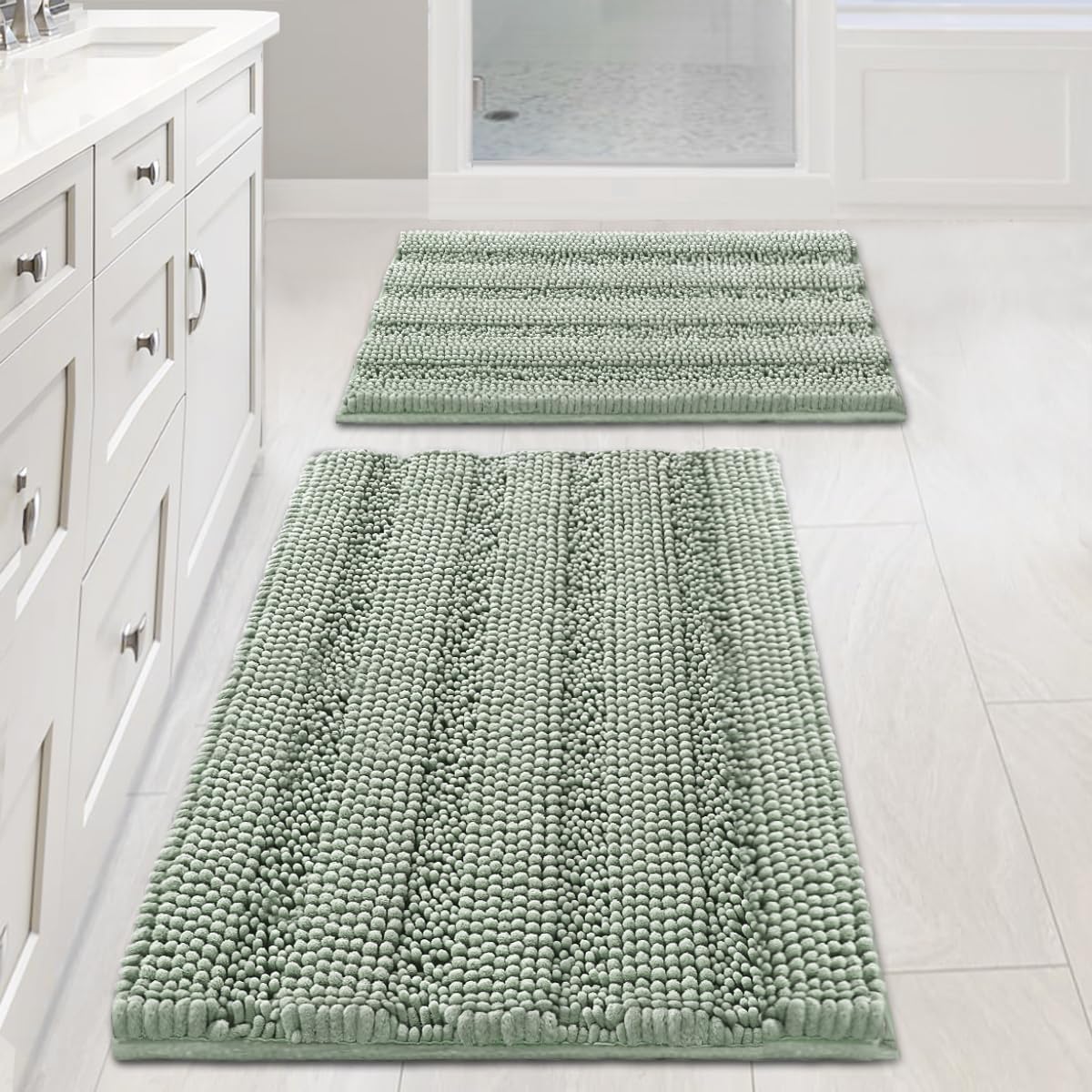 Sage Bathroom Rugs, Bath Mat Set of 2 Extra Thick Chenille Striped Pattern Shaggy Bath Rugs for Bath Room, Non Skid Bath Mats for Bathroom Floor (32 x 20 Plus 24 x 17 - Inches) - Colors B