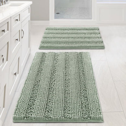 Sage Bathroom Rugs, Bath Mat Set of 2 Extra Thick Chenille Striped Pattern Shaggy Bath Rugs for Bath Room, Non Skid Bath Mats for Bathroom Floor (32 x 20 Plus 24 x 17 - Inches) - Colors B