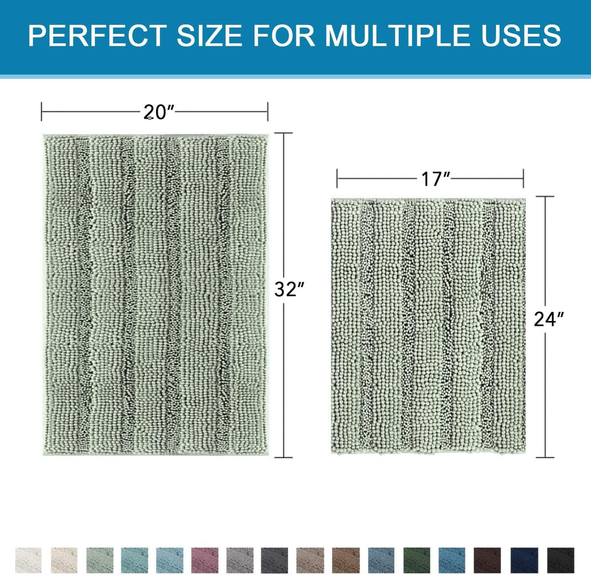 Sage Bathroom Rugs, Bath Mat Set of 2 Extra Thick Chenille Striped Pattern Shaggy Bath Rugs for Bath Room, Non Skid Bath Mats for Bathroom Floor (32 x 20 Plus 24 x 17 - Inches) - Colors B