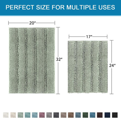 Sage Bathroom Rugs, Bath Mat Set of 2 Extra Thick Chenille Striped Pattern Shaggy Bath Rugs for Bath Room, Non Skid Bath Mats for Bathroom Floor (32 x 20 Plus 24 x 17 - Inches) - Colors B