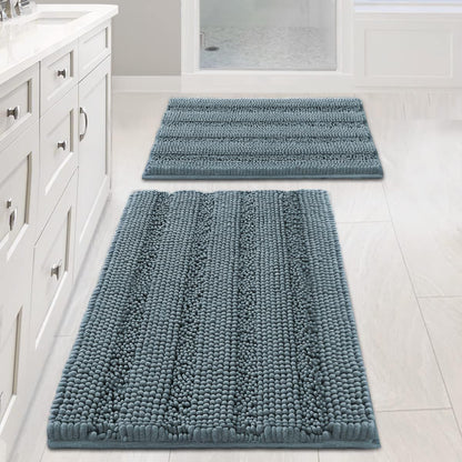 Sage Bathroom Rugs, Bath Mat Set of 2 Extra Thick Chenille Striped Pattern Shaggy Bath Rugs for Bath Room, Non Skid Bath Mats for Bathroom Floor (32 x 20 Plus 24 x 17 - Inches) - Colors B