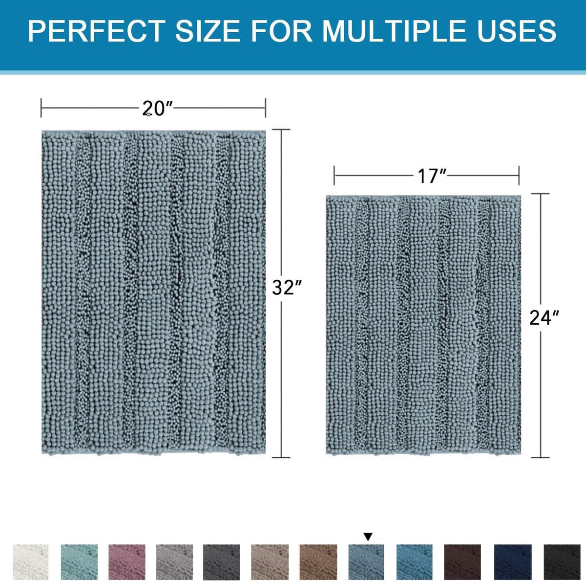 Sage Bathroom Rugs, Bath Mat Set of 2 Extra Thick Chenille Striped Pattern Shaggy Bath Rugs for Bath Room, Non Skid Bath Mats for Bathroom Floor (32 x 20 Plus 24 x 17 - Inches) - Colors B