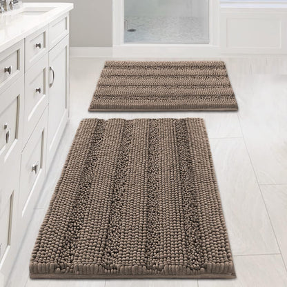 Sage Bathroom Rugs, Bath Mat Set of 2 Extra Thick Chenille Striped Pattern Shaggy Bath Rugs for Bath Room, Non Skid Bath Mats for Bathroom Floor (32 x 20 Plus 24 x 17 - Inches) - Colors B