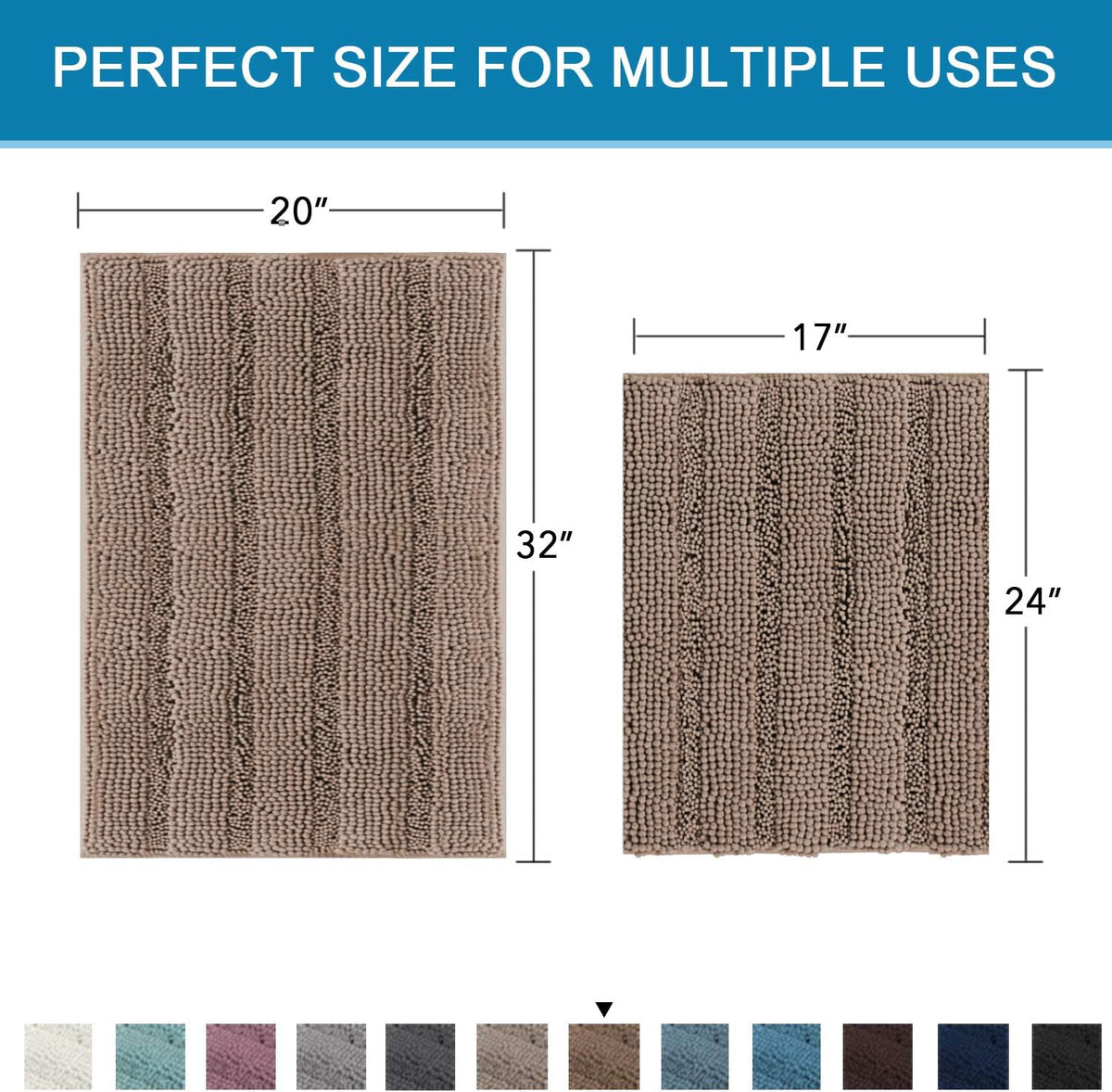 Sage Bathroom Rugs, Bath Mat Set of 2 Extra Thick Chenille Striped Pattern Shaggy Bath Rugs for Bath Room, Non Skid Bath Mats for Bathroom Floor (32 x 20 Plus 24 x 17 - Inches) - Colors B