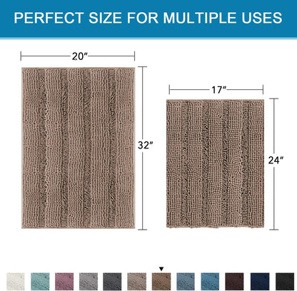Sage Bathroom Rugs, Bath Mat Set of 2 Extra Thick Chenille Striped Pattern Shaggy Bath Rugs for Bath Room, Non Skid Bath Mats for Bathroom Floor (32 x 20 Plus 24 x 17 - Inches) - Colors B