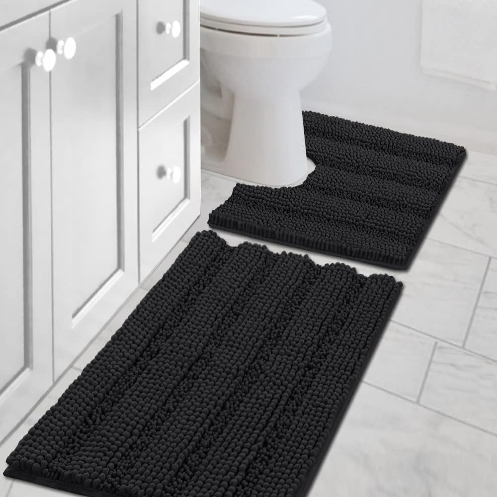 Sage Bathroom Rugs, Bath Mat Set of 2 Extra Thick Chenille Striped Pattern Shaggy Bath Rugs for Bath Room, Non Skid Bath Mats for Bathroom Floor (32 x 20 Plus 24 x 17 - Inches) - Colors B