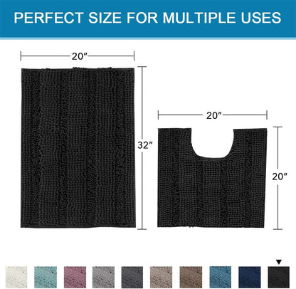 Sage Bathroom Rugs, Bath Mat Set of 2 Extra Thick Chenille Striped Pattern Shaggy Bath Rugs for Bath Room, Non Skid Bath Mats for Bathroom Floor (32 x 20 Plus 24 x 17 - Inches) - Colors B