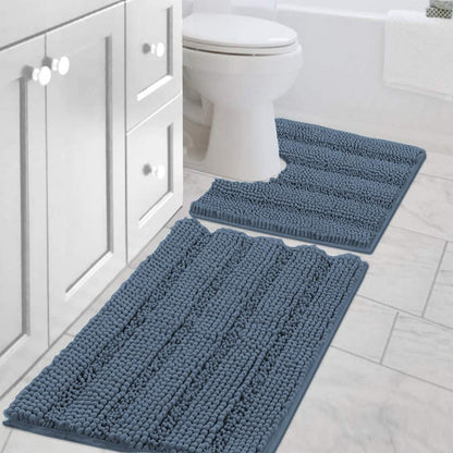 Sage Bathroom Rugs, Bath Mat Set of 2 Extra Thick Chenille Striped Pattern Shaggy Bath Rugs for Bath Room, Non Skid Bath Mats for Bathroom Floor (32 x 20 Plus 24 x 17 - Inches) - Colors B