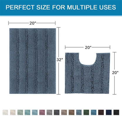 Sage Bathroom Rugs, Bath Mat Set of 2 Extra Thick Chenille Striped Pattern Shaggy Bath Rugs for Bath Room, Non Skid Bath Mats for Bathroom Floor (32 x 20 Plus 24 x 17 - Inches) - Colors B