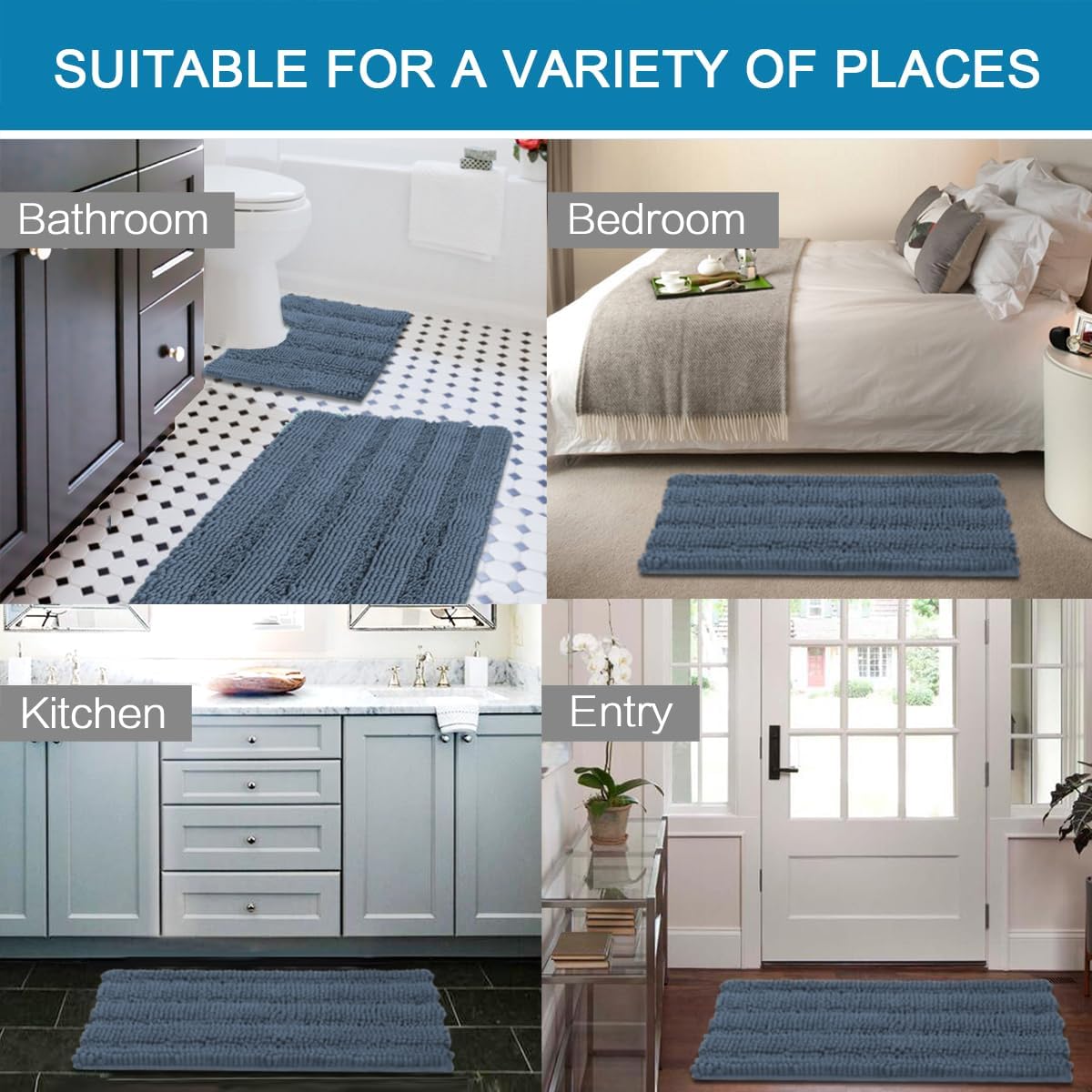 Sage Bathroom Rugs, Bath Mat Set of 2 Extra Thick Chenille Striped Pattern Shaggy Bath Rugs for Bath Room, Non Skid Bath Mats for Bathroom Floor (32 x 20 Plus 24 x 17 - Inches) - Colors B
