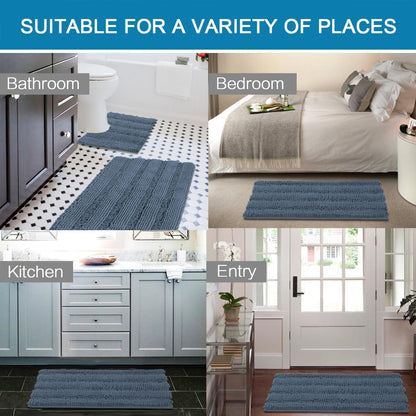 Sage Bathroom Rugs, Bath Mat Set of 2 Extra Thick Chenille Striped Pattern Shaggy Bath Rugs for Bath Room, Non Skid Bath Mats for Bathroom Floor (32 x 20 Plus 24 x 17 - Inches) - Colors B