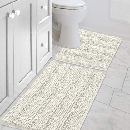 Sage Bathroom Rugs, Bath Mat Set of 2 Extra Thick Chenille Striped Pattern Shaggy Bath Rugs for Bath Room, Non Skid Bath Mats for Bathroom Floor (32 x 20 Plus 24 x 17 - Inches) - Colors B
