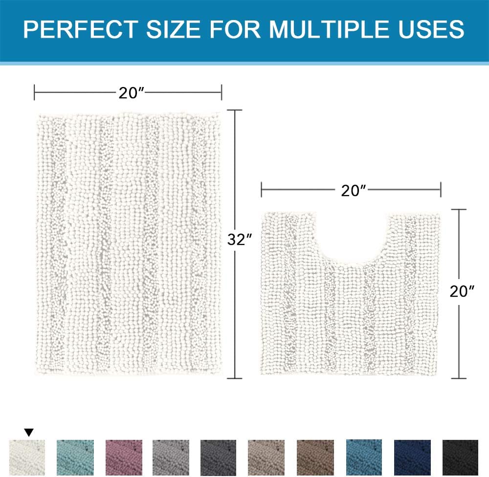 Sage Bathroom Rugs, Bath Mat Set of 2 Extra Thick Chenille Striped Pattern Shaggy Bath Rugs for Bath Room, Non Skid Bath Mats for Bathroom Floor (32 x 20 Plus 24 x 17 - Inches) - Colors B