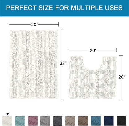 Sage Bathroom Rugs, Bath Mat Set of 2 Extra Thick Chenille Striped Pattern Shaggy Bath Rugs for Bath Room, Non Skid Bath Mats for Bathroom Floor (32 x 20 Plus 24 x 17 - Inches) - Colors B