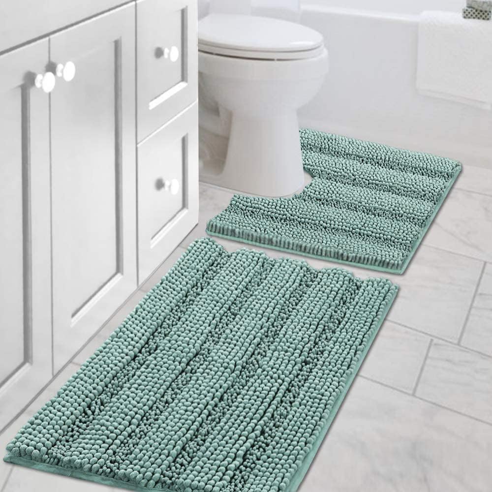 Sage Bathroom Rugs, Bath Mat Set of 2 Extra Thick Chenille Striped Pattern Shaggy Bath Rugs for Bath Room, Non Skid Bath Mats for Bathroom Floor (32 x 20 Plus 24 x 17 - Inches) - Colors B