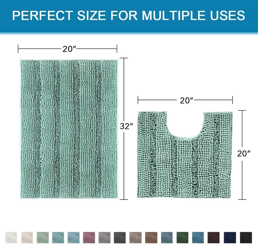 Sage Bathroom Rugs, Bath Mat Set of 2 Extra Thick Chenille Striped Pattern Shaggy Bath Rugs for Bath Room, Non Skid Bath Mats for Bathroom Floor (32 x 20 Plus 24 x 17 - Inches) - Colors B