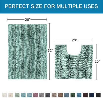 Sage Bathroom Rugs, Bath Mat Set of 2 Extra Thick Chenille Striped Pattern Shaggy Bath Rugs for Bath Room, Non Skid Bath Mats for Bathroom Floor (32 x 20 Plus 24 x 17 - Inches) - Colors B