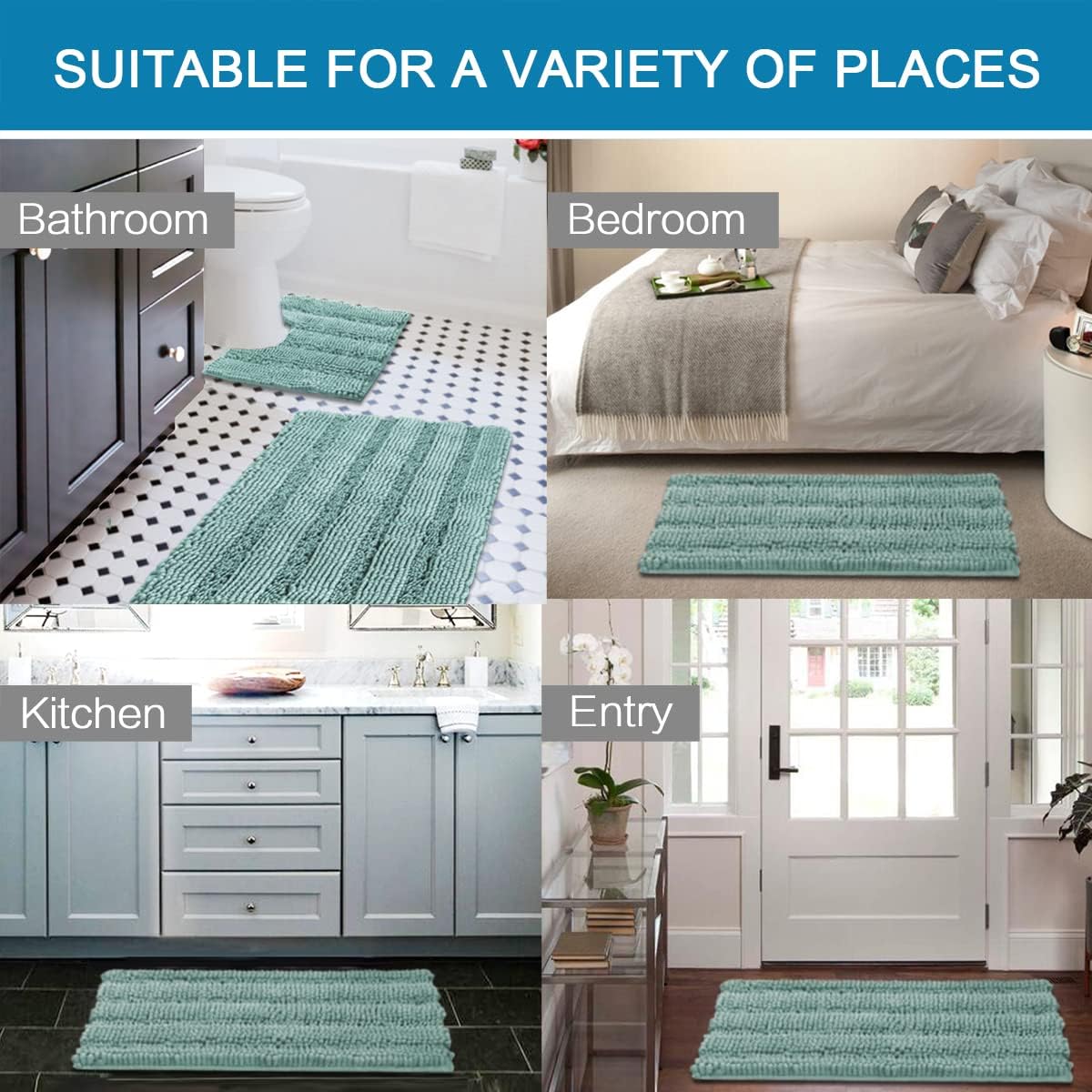 Sage Bathroom Rugs, Bath Mat Set of 2 Extra Thick Chenille Striped Pattern Shaggy Bath Rugs for Bath Room, Non Skid Bath Mats for Bathroom Floor (32 x 20 Plus 24 x 17 - Inches) - Colors B
