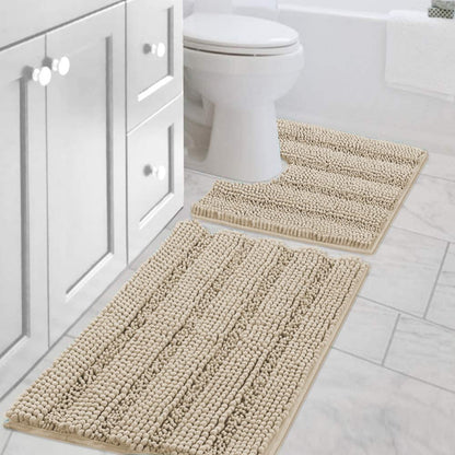 Sage Bathroom Rugs, Bath Mat Set of 2 Extra Thick Chenille Striped Pattern Shaggy Bath Rugs for Bath Room, Non Skid Bath Mats for Bathroom Floor (32 x 20 Plus 24 x 17 - Inches) - Colors B