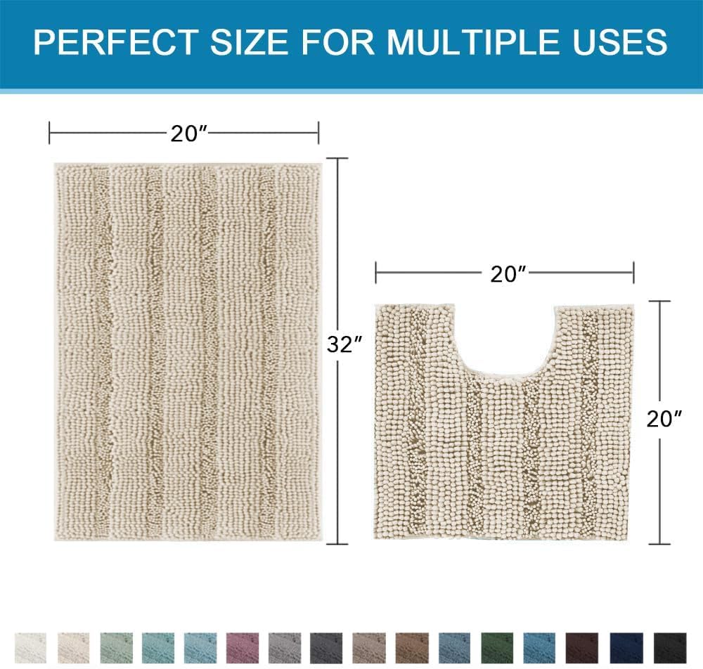Sage Bathroom Rugs, Bath Mat Set of 2 Extra Thick Chenille Striped Pattern Shaggy Bath Rugs for Bath Room, Non Skid Bath Mats for Bathroom Floor (32 x 20 Plus 24 x 17 - Inches) - Colors B