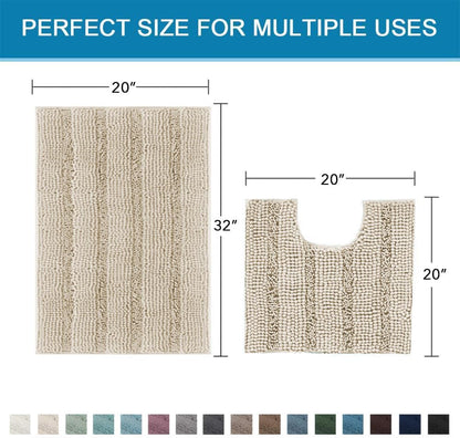 Sage Bathroom Rugs, Bath Mat Set of 2 Extra Thick Chenille Striped Pattern Shaggy Bath Rugs for Bath Room, Non Skid Bath Mats for Bathroom Floor (32 x 20 Plus 24 x 17 - Inches) - Colors B