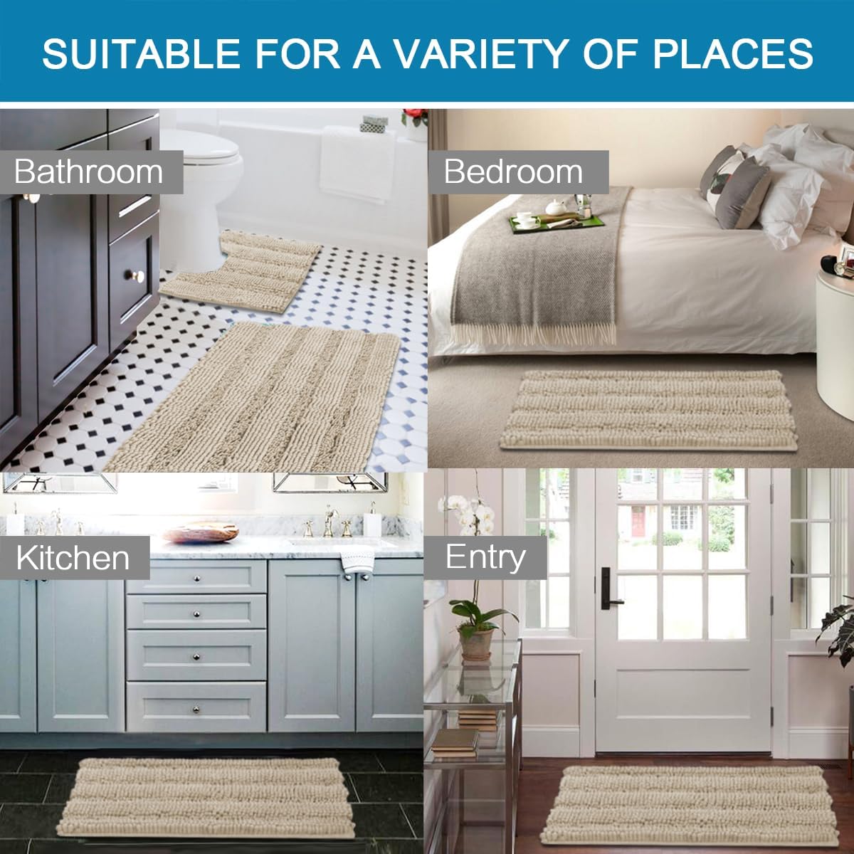 Sage Bathroom Rugs, Bath Mat Set of 2 Extra Thick Chenille Striped Pattern Shaggy Bath Rugs for Bath Room, Non Skid Bath Mats for Bathroom Floor (32 x 20 Plus 24 x 17 - Inches) - Colors B