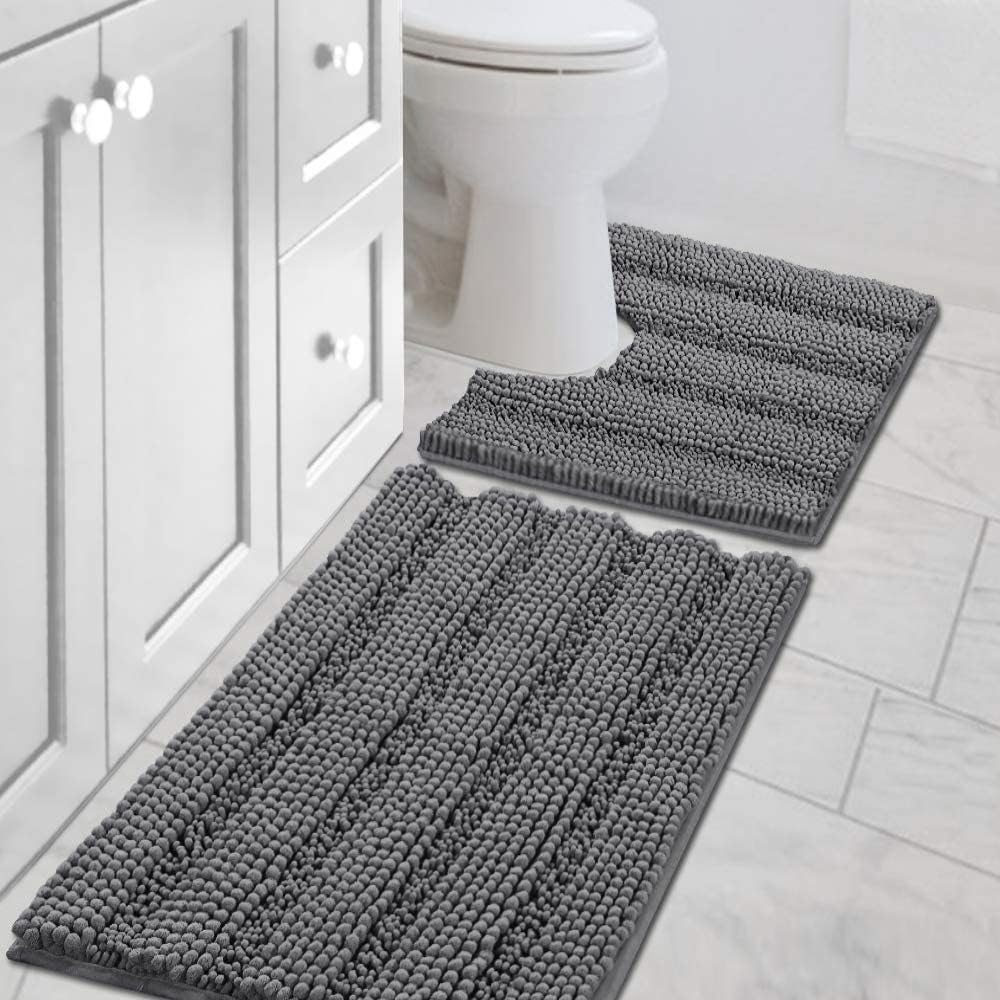 Sage Bathroom Rugs, Bath Mat Set of 2 Extra Thick Chenille Striped Pattern Shaggy Bath Rugs for Bath Room, Non Skid Bath Mats for Bathroom Floor (32 x 20 Plus 24 x 17 - Inches) - Colors B