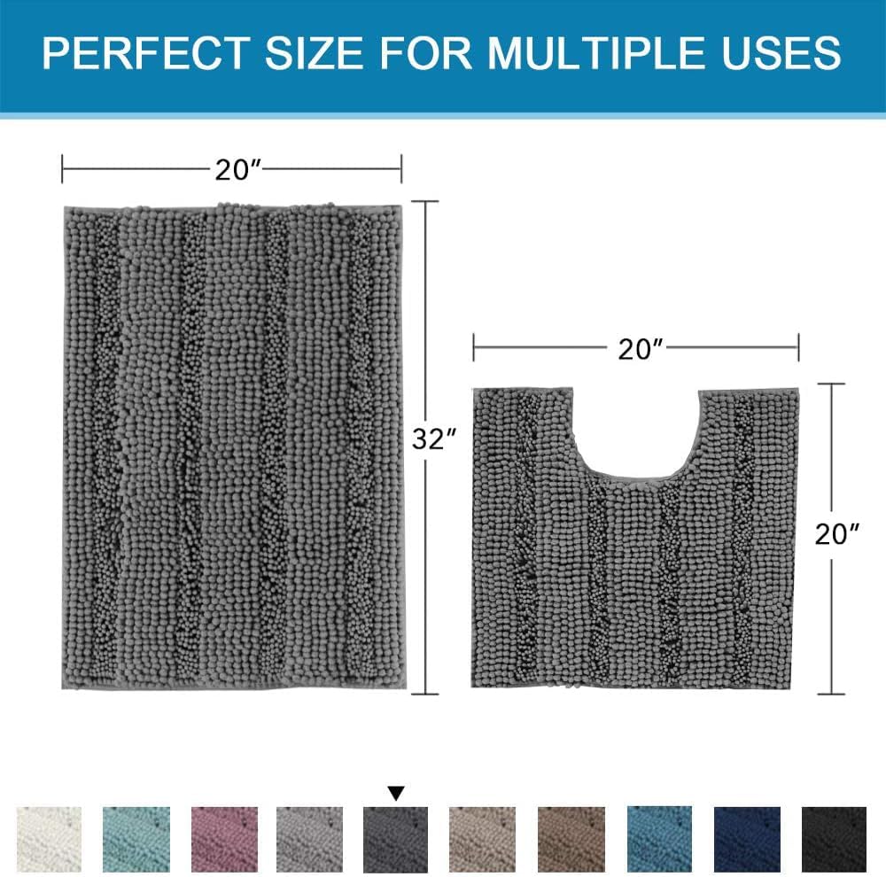 Sage Bathroom Rugs, Bath Mat Set of 2 Extra Thick Chenille Striped Pattern Shaggy Bath Rugs for Bath Room, Non Skid Bath Mats for Bathroom Floor (32 x 20 Plus 24 x 17 - Inches) - Colors B