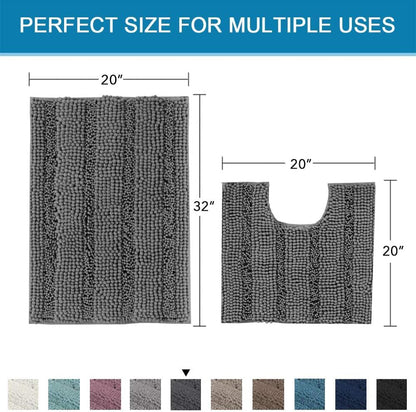 Sage Bathroom Rugs, Bath Mat Set of 2 Extra Thick Chenille Striped Pattern Shaggy Bath Rugs for Bath Room, Non Skid Bath Mats for Bathroom Floor (32 x 20 Plus 24 x 17 - Inches) - Colors B