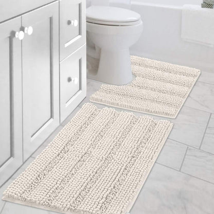 Sage Bathroom Rugs, Bath Mat Set of 2 Extra Thick Chenille Striped Pattern Shaggy Bath Rugs for Bath Room, Non Skid Bath Mats for Bathroom Floor (32 x 20 Plus 24 x 17 - Inches) - Colors B