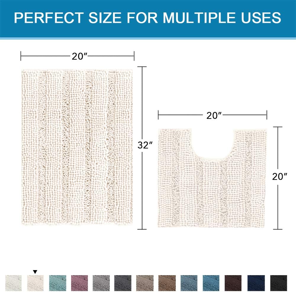 Sage Bathroom Rugs, Bath Mat Set of 2 Extra Thick Chenille Striped Pattern Shaggy Bath Rugs for Bath Room, Non Skid Bath Mats for Bathroom Floor (32 x 20 Plus 24 x 17 - Inches) - Colors B